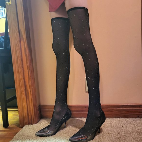 Mack J Mesh Stocking Boots Rhinestone Spatter High Heels - Picture 1 of 6